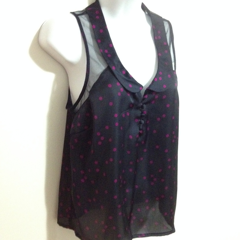 navy/pink polka dot silky blouse